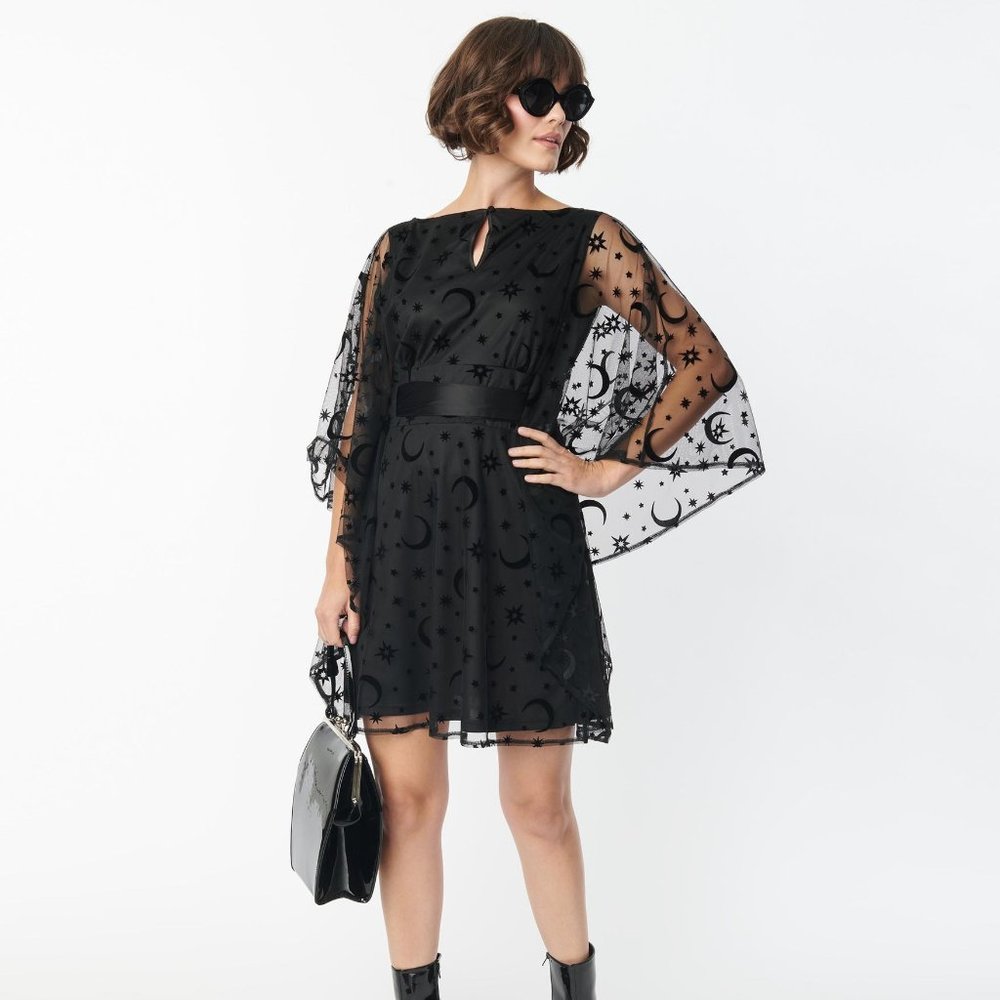 Smak Parlour Black Mesh Moon & Stars Caftan Dress, Size S